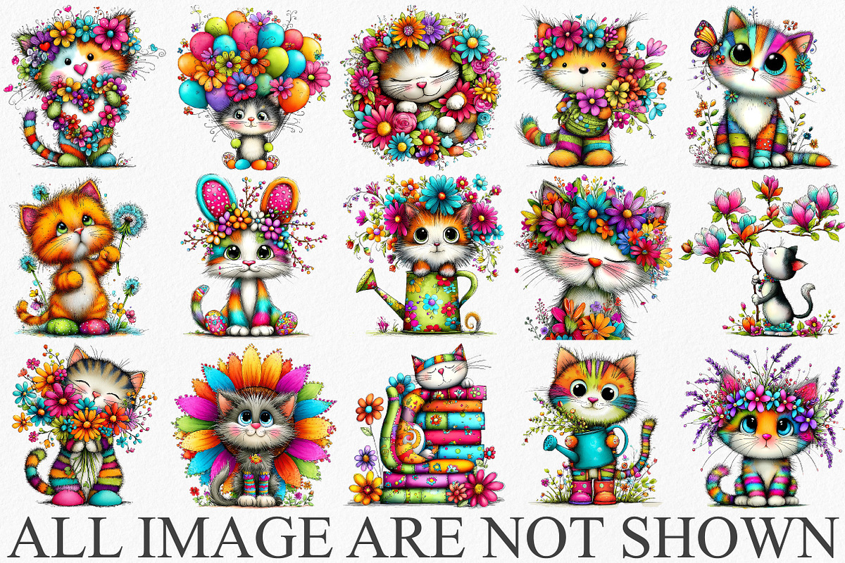 Whimsical Spring Cats Clipart Bundle, an Illustration by Canvas Craft (Photo 3 of 7)