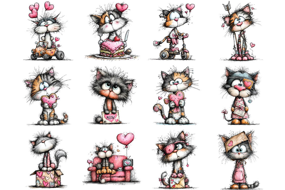 Quirky Valentine Cats Clipart, an Illustration by DreamArtGraphic (Photo 2 of 4)
