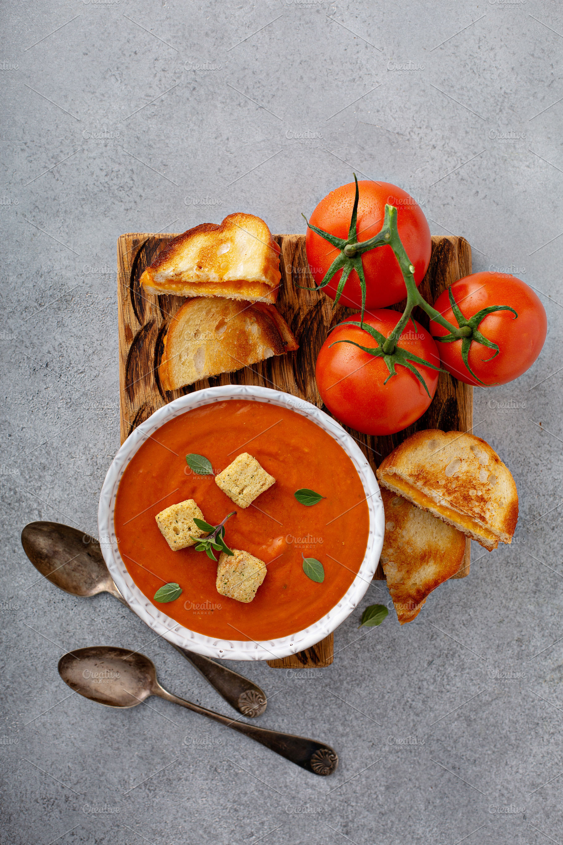 Cream of tomato soup with croutons and grilled cheese, a Food & Drink Photo by farwasser