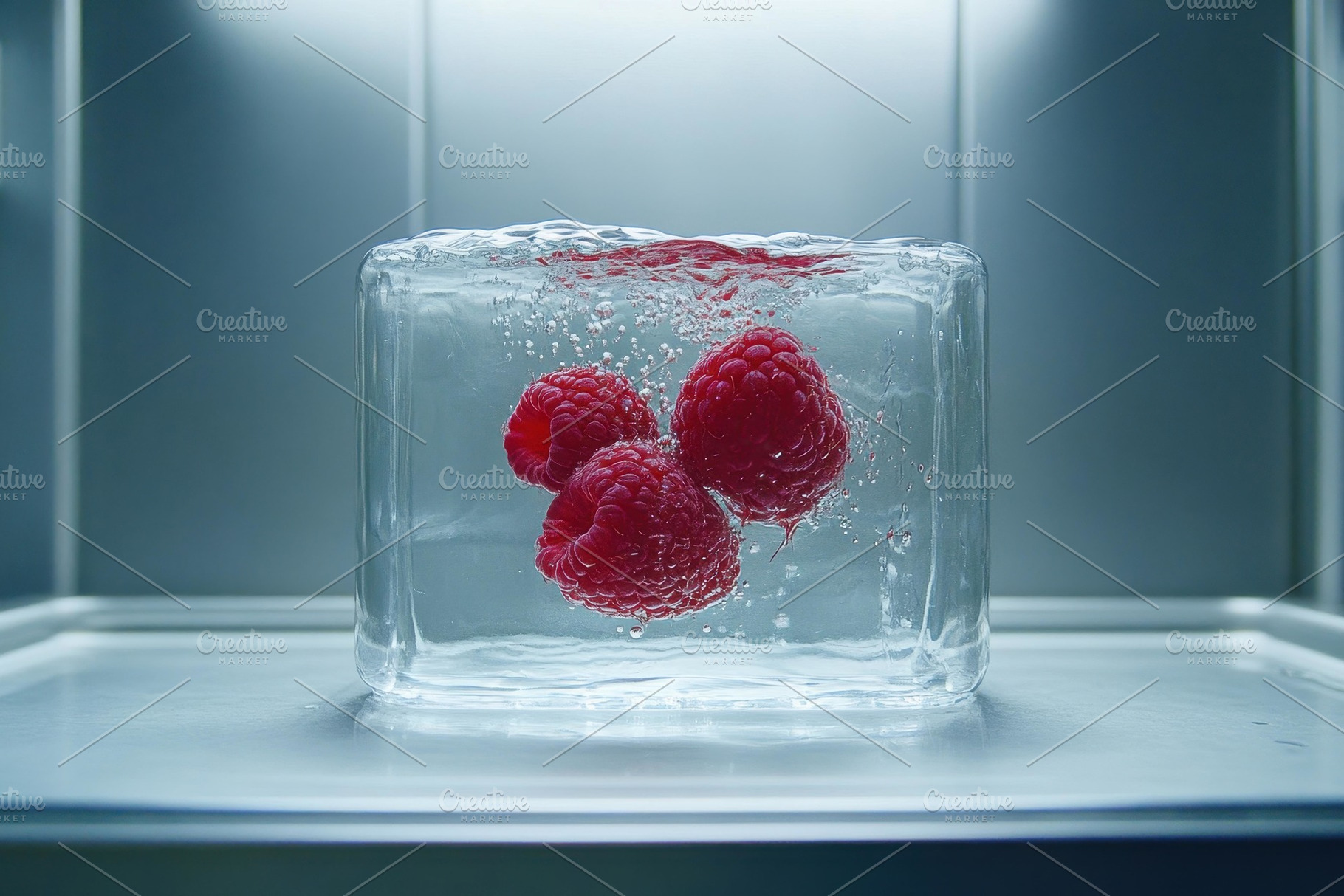 Raspberries suspended in ice within, a Photo by Tanuart