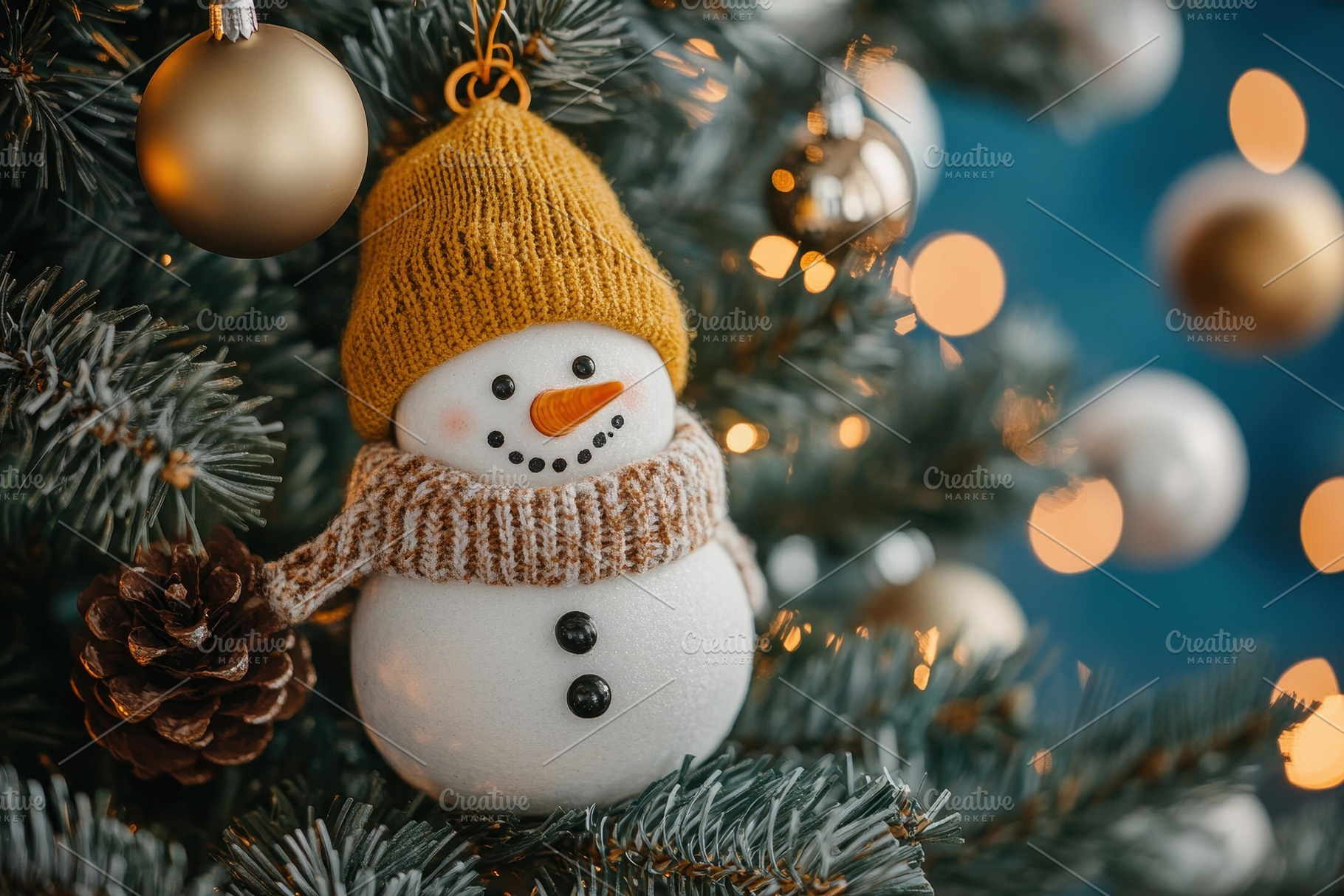 Cheerful snowman ornament with knitt, a Photo by Tanuart