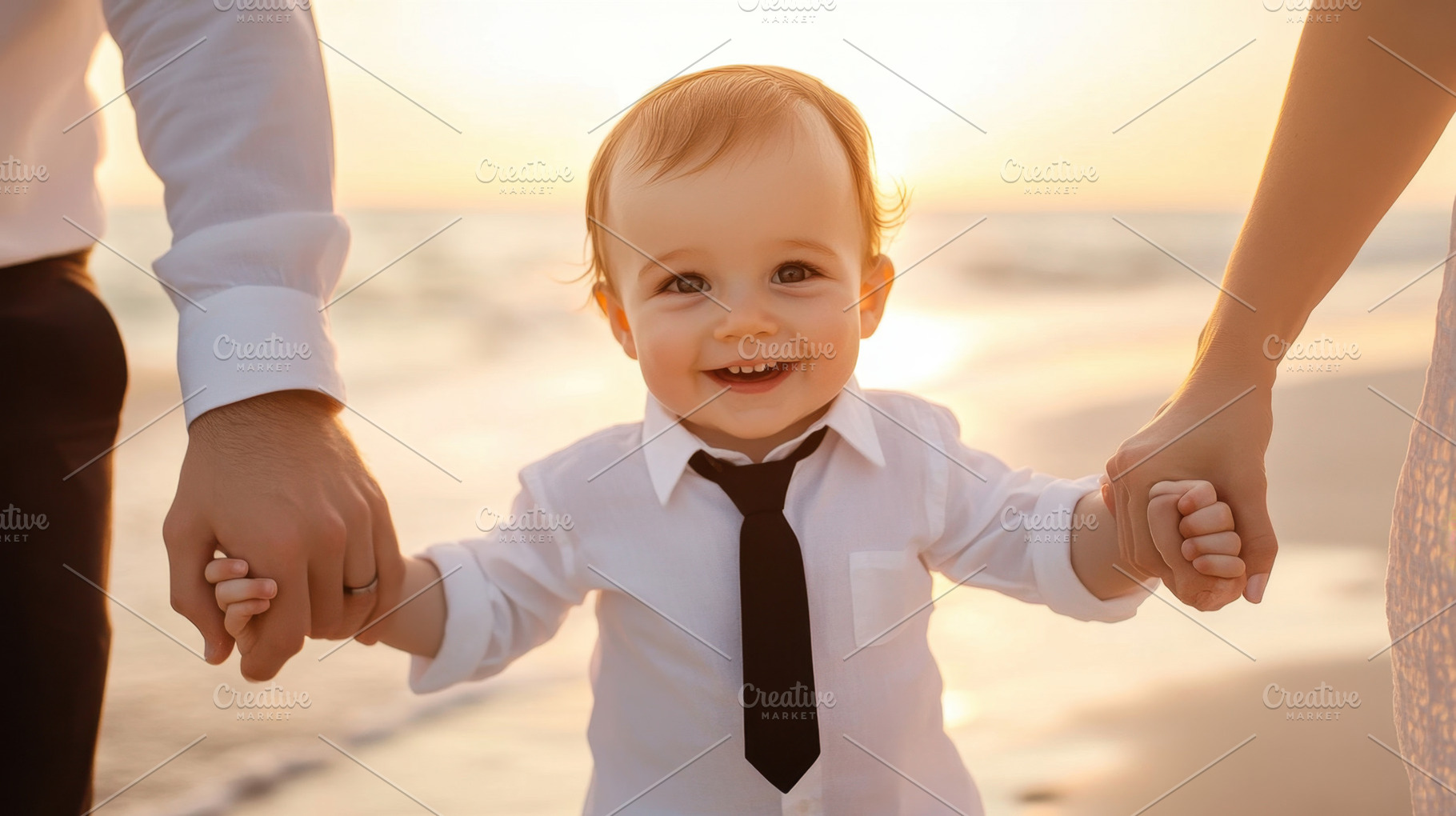 Smiling child holds hands at sunset, a Photo by Beautiful things