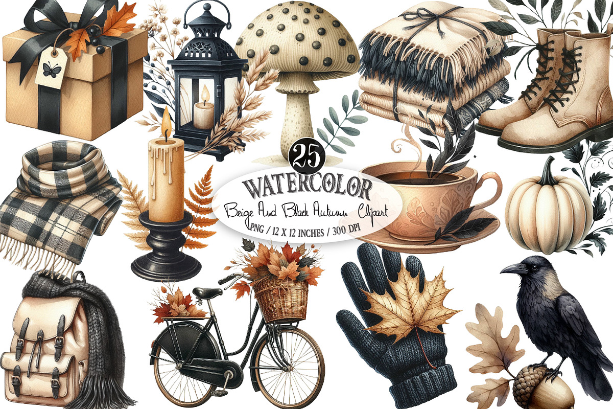 Beige & Black Autumn Watercolor PNG, an Illustration by Designking (Photo 1 of 4)