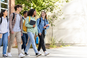 Group of diverse students walking on, a Photo by Dvoevnore photos