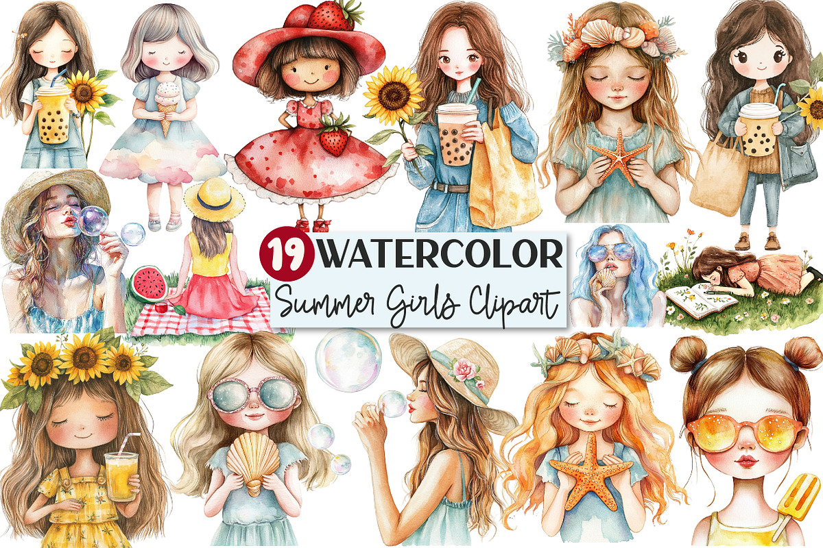 Whimsical Summer Girl Clipart, an Illustration by Rose Art (Photo 1 of 6)
