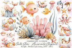 Cute Sea Animals Watercolor Clipart, an Illustration by Sublimation Artist