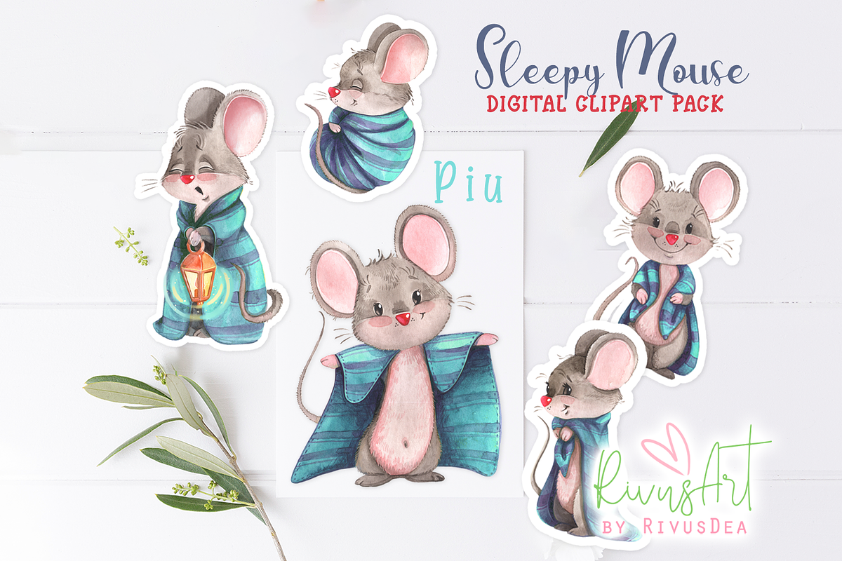 Sleepy baby mouse clipart bundle., a Decorative Illustration by RivusArt (Photo 1 of 4)