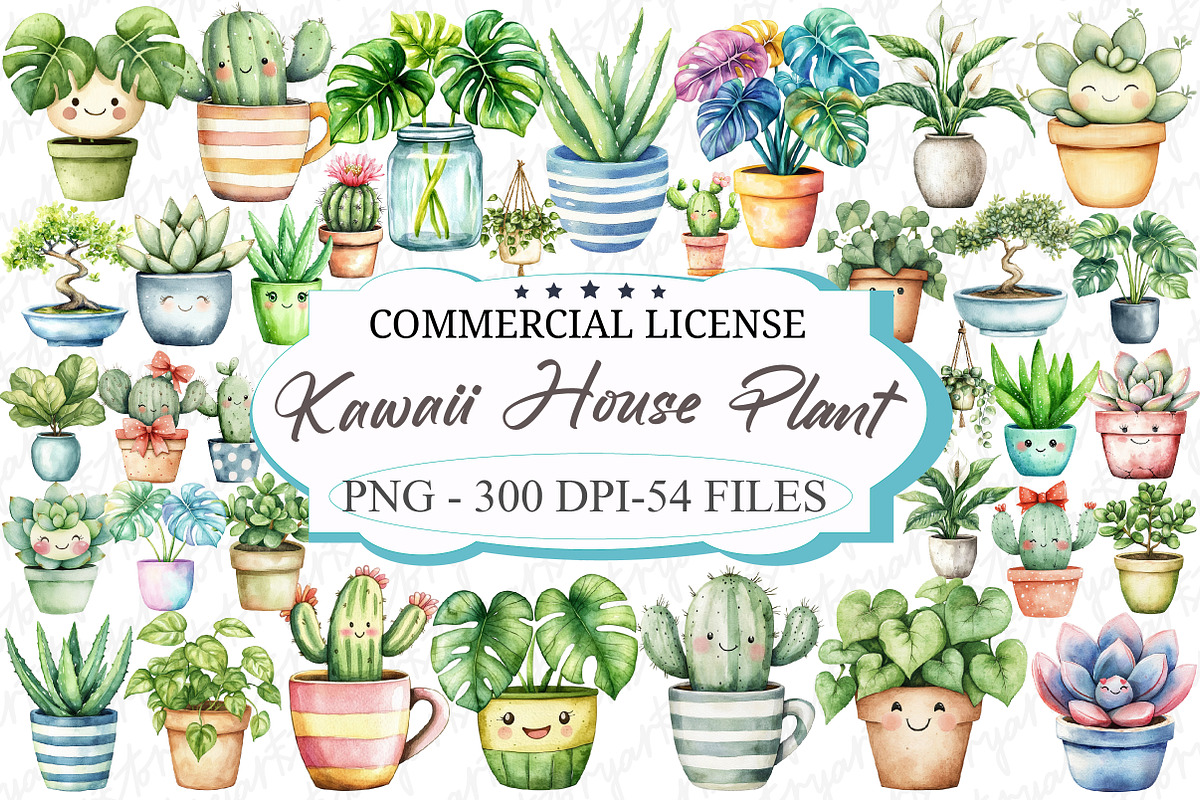Watercolor Kawaii House Plant Clipar, an Illustration by designcity5 (Photo 1 of 5)