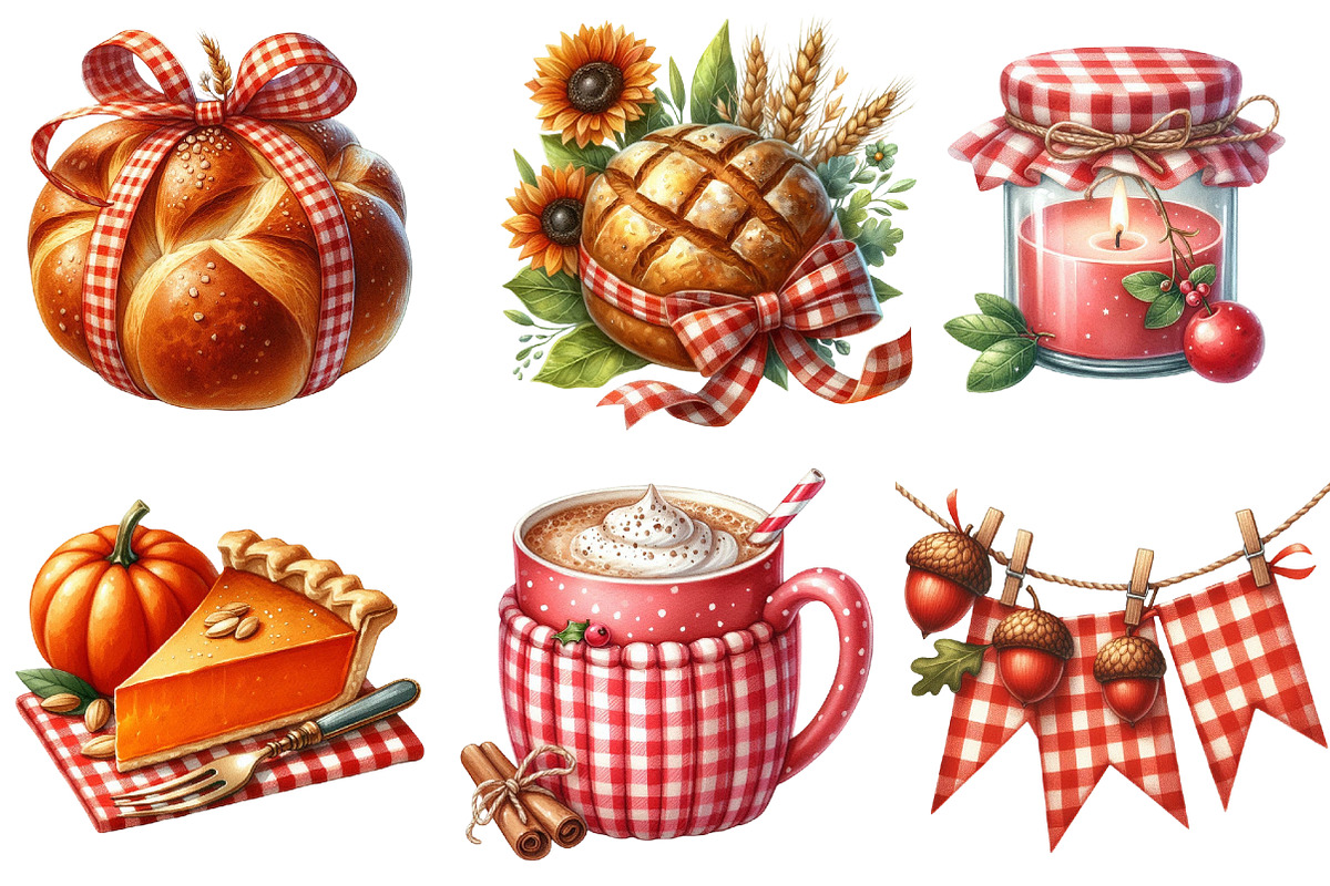 Red Gingham Autumn Clipart, an Illustration by Watercolor design (Photo 3 of 4)