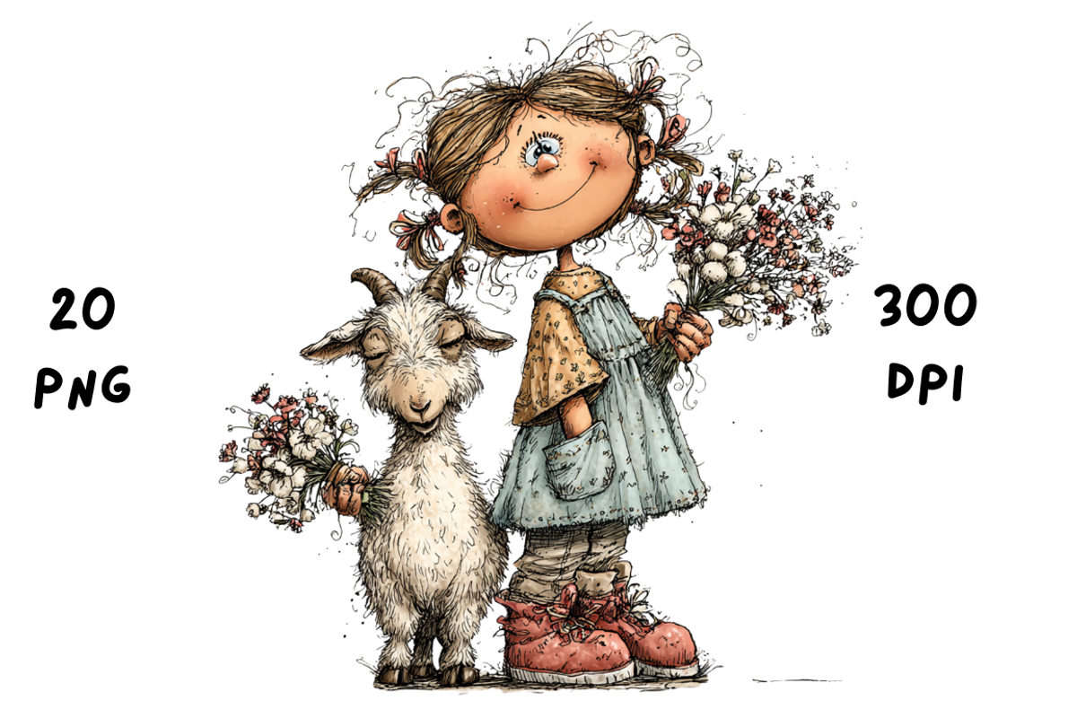 Whimsical Floral Girl and Baby Goat, an Animal Illustration by GiraffeCreative (Photo 5 of 20)