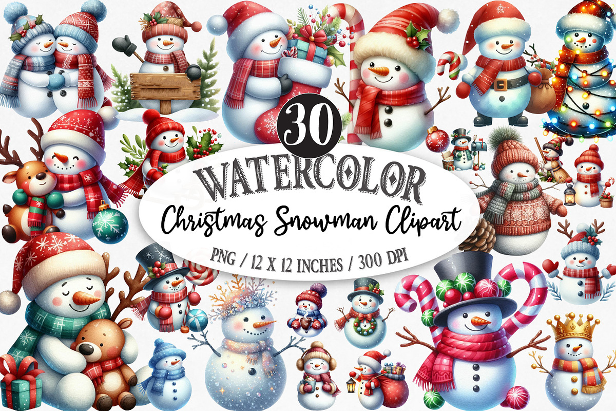 Christmas Snowman Watercolor Clipart, an Illustration by Designking (Photo 1 of 5)