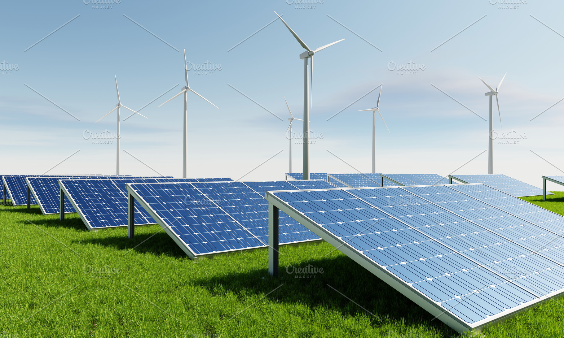 Solar panels with wind turbines for producing electric power supply with sky la, an Industrial Photo by Ministocker