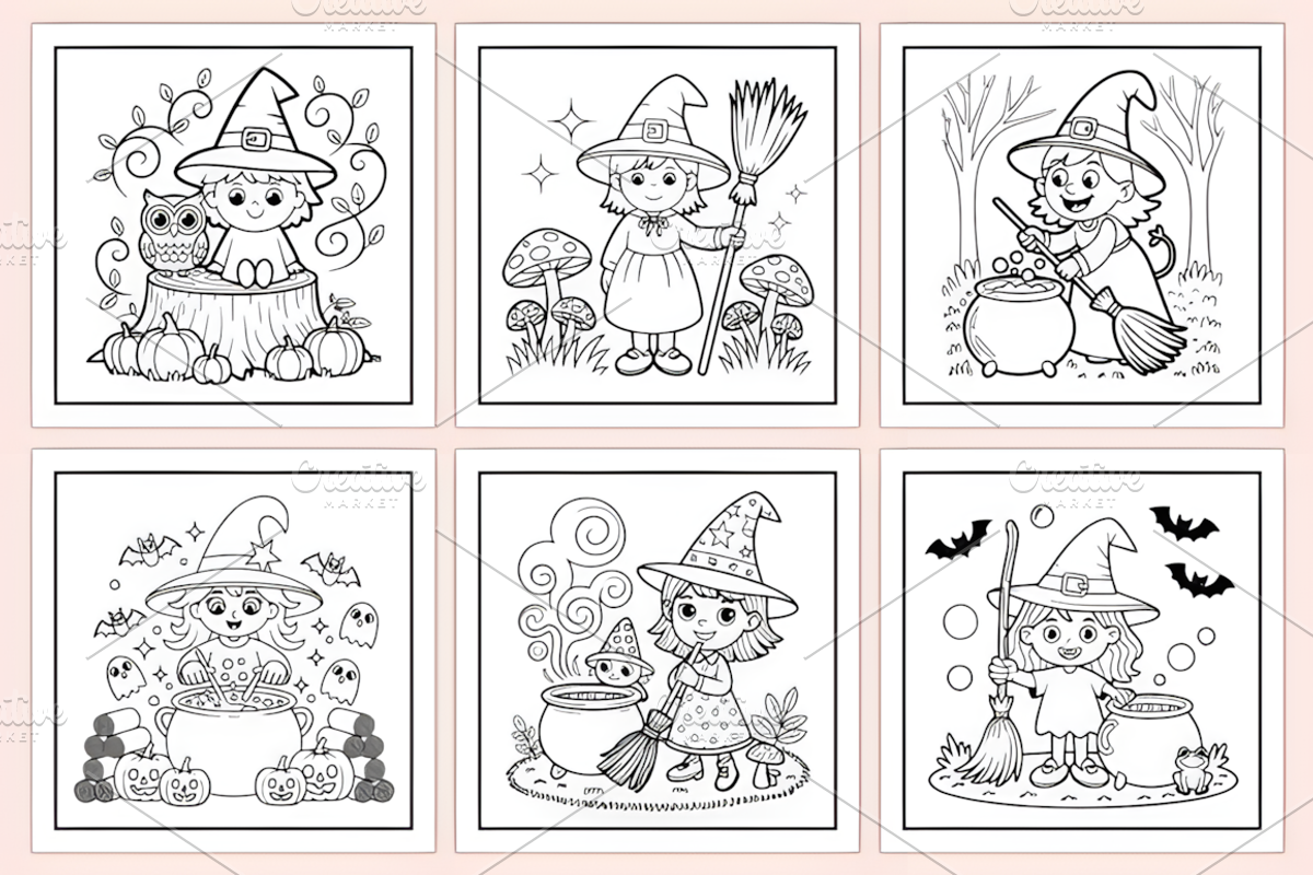 Halloween Witch Coloring Pages, a Seasonal Illustration by Coco Bloom (Photo 2 of 3)