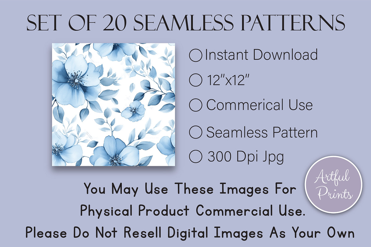 Watercolor Dusty Blue Floral Pattern, a Pattern Graphic by Artful Prints (Photo 2 of 3)