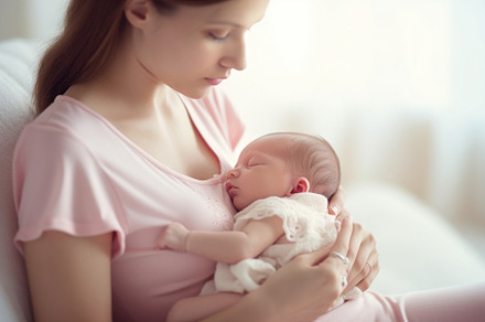 Beautiful young mother with her newborn baby on a light backgrou, a Person Photo by AS photostudio