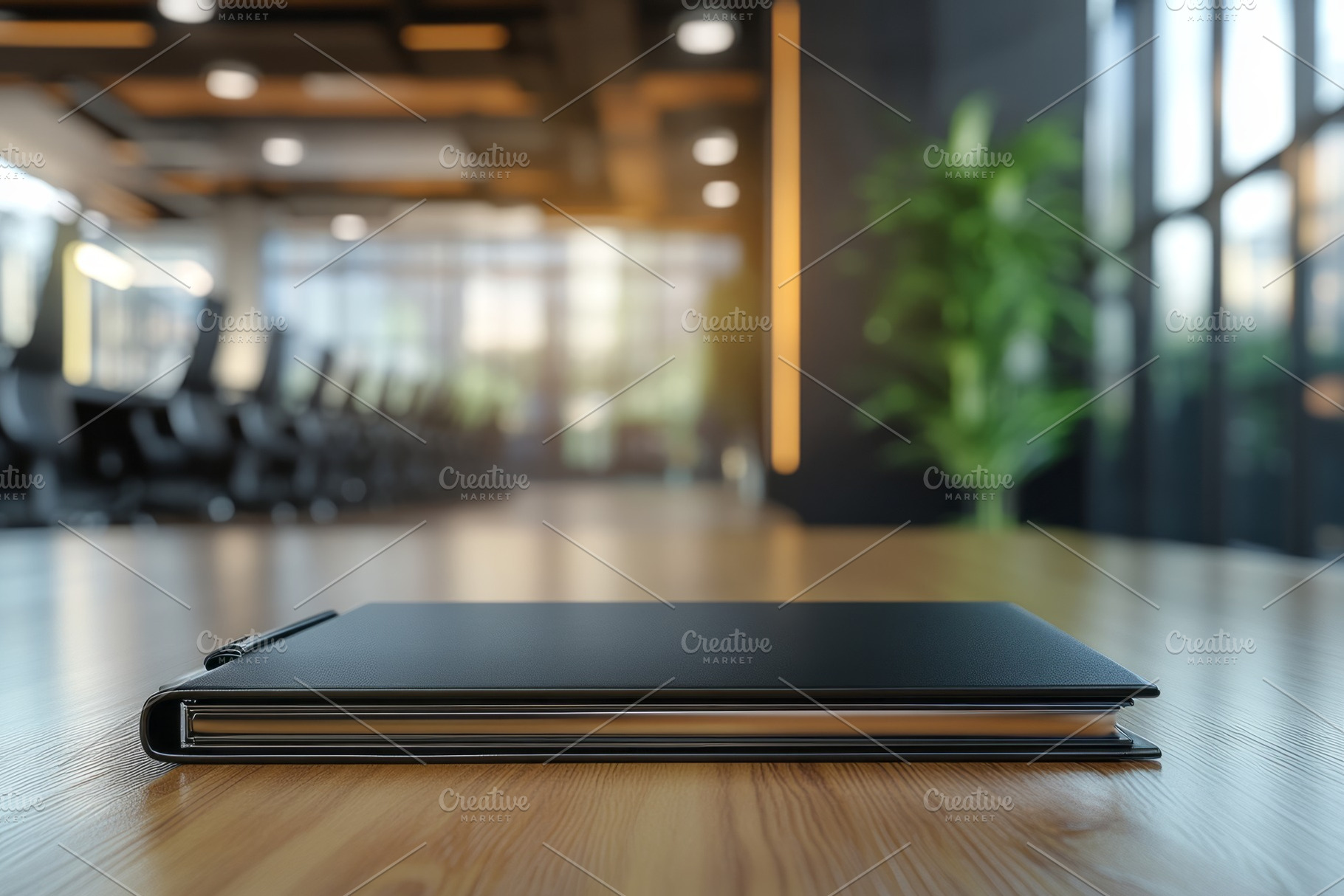 A sleek, closed black notebook resting on a polished wooden table in a modern o, a Background Photo by ImageMir