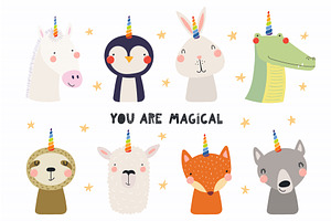 Cute animals with unicorn horn set, an Animal Illustration by sceptical cactus