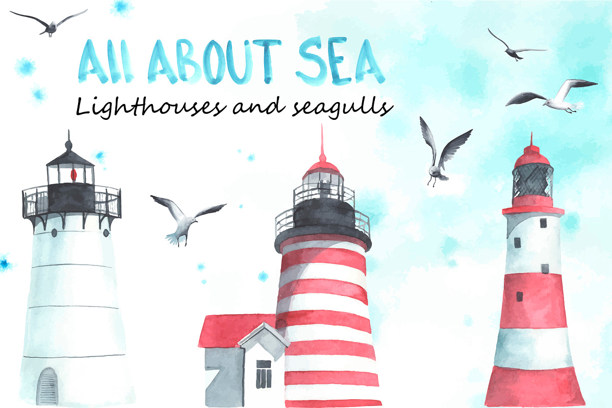 Lighthouses and seagulls. Watercolor, an Illustration by Olga Bonitas (Photo 1 of 4)