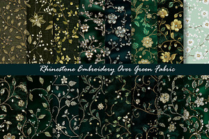 Rhinestone Embroidery Green Fabric