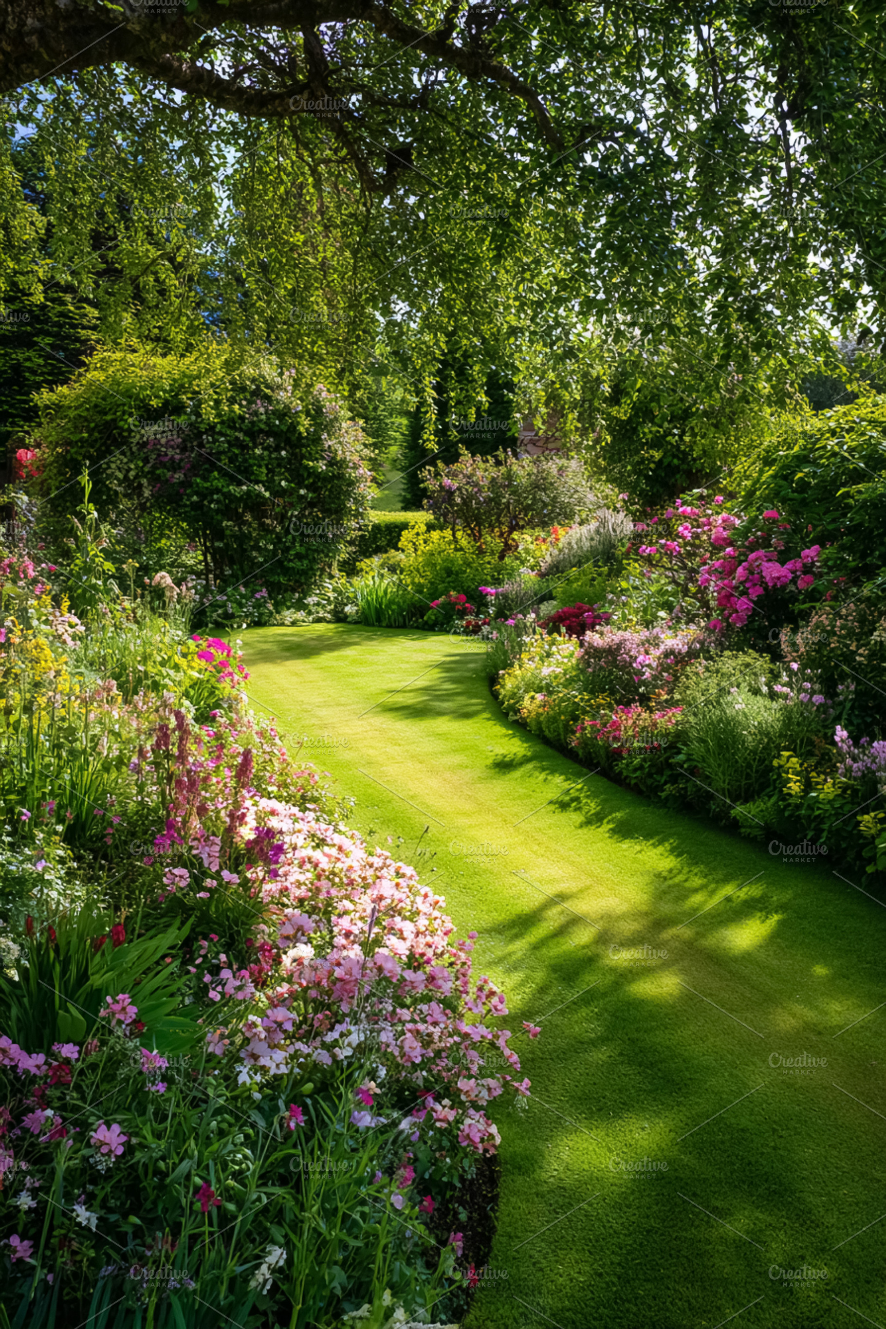 Lush winding green lawn path curving through a colorful summer c, a Photo by Studio ANNA