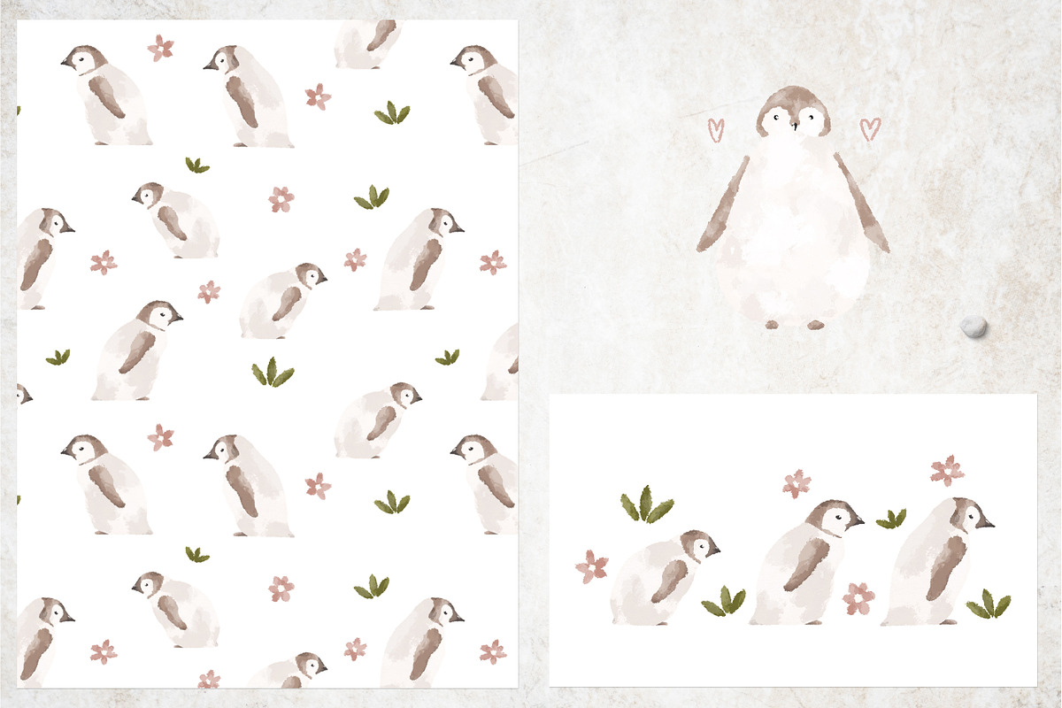 Cute penguins clipart and 3 patterns, an Animal Illustration by Leksart (Photo 6 of 12)