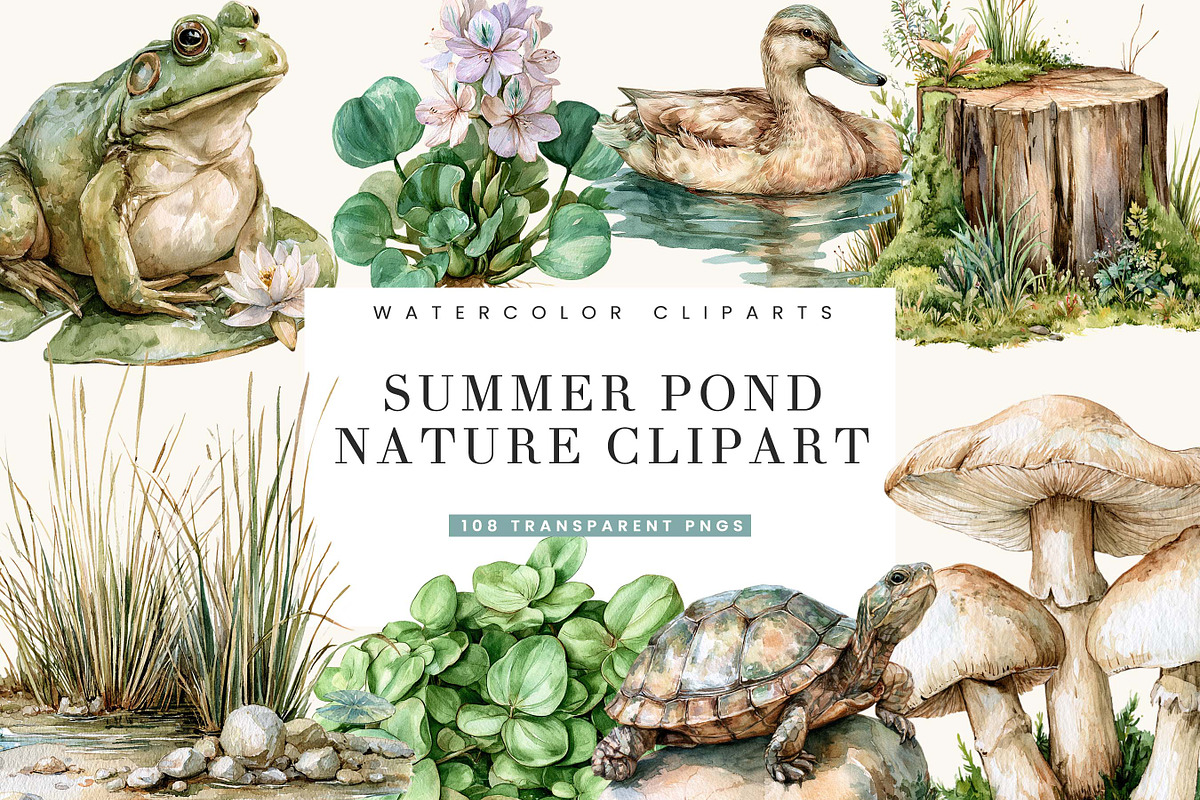 Watercolor Summer Pond Nature, an Object Illustration by BusyDaydesign (Photo 1 of 9)