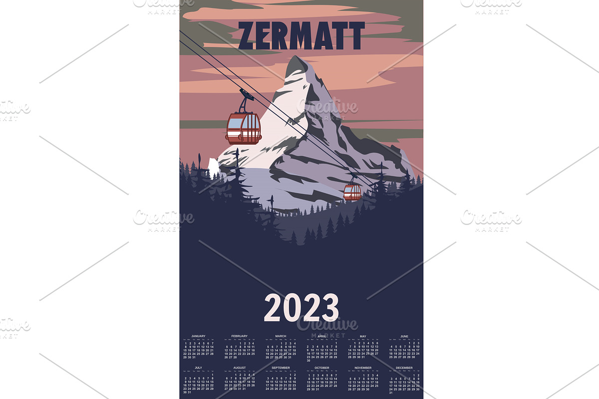 Monthly calendar 2023 year Zermatt, an Illustration by Vector_Up