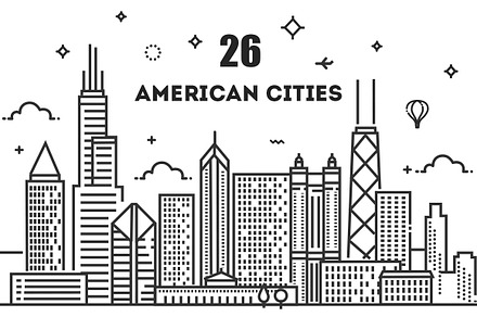 26 American Cities Linear Skyline, a Work Illustration by Tettygreen