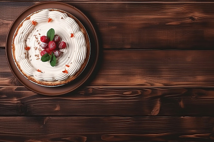 Sweet cheesecake with fresh berries on wooden background, a Food & Drink Photo by AlyaAnd