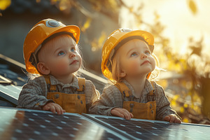 Two young children wearing yellow hard hats and overalls, gazing up at the sky, a Technology Photo by Textures & Backgrounds