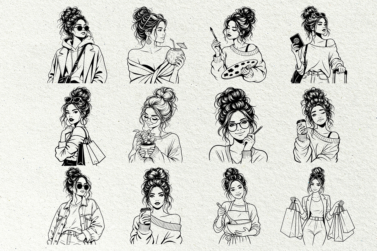 Messy Bun Girl Line Art Graphics, a Person Illustration by DENIDigitalArtSudio (Photo 3 of 6)