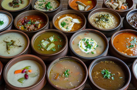 A variety of soups in bowls on a woo, a Photo by Iftikhar Alam