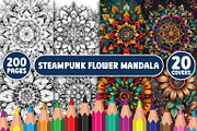 Steampunk Flower Mandala Color Pages, a Decorative Illustration by BrightMart (Thumbnail 1 of 3)