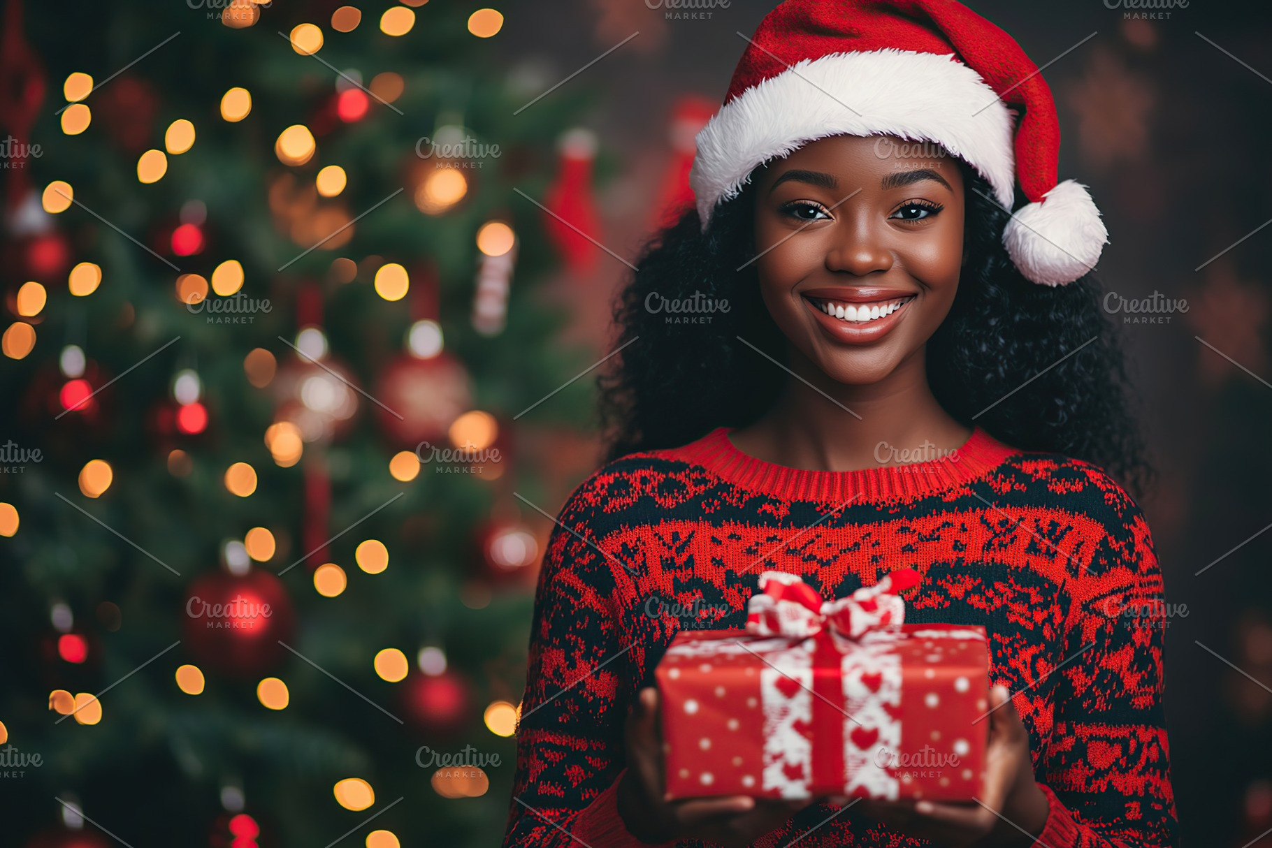 Cute young american woman in christmas sweater and santa hat holding in hands g, a Holiday Photo by AlyaAnd