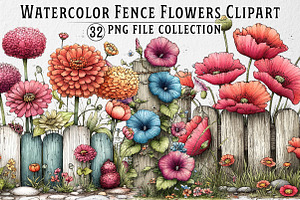 Watercolor Fence Flowers Clipart, an Illustration by Dream Creation