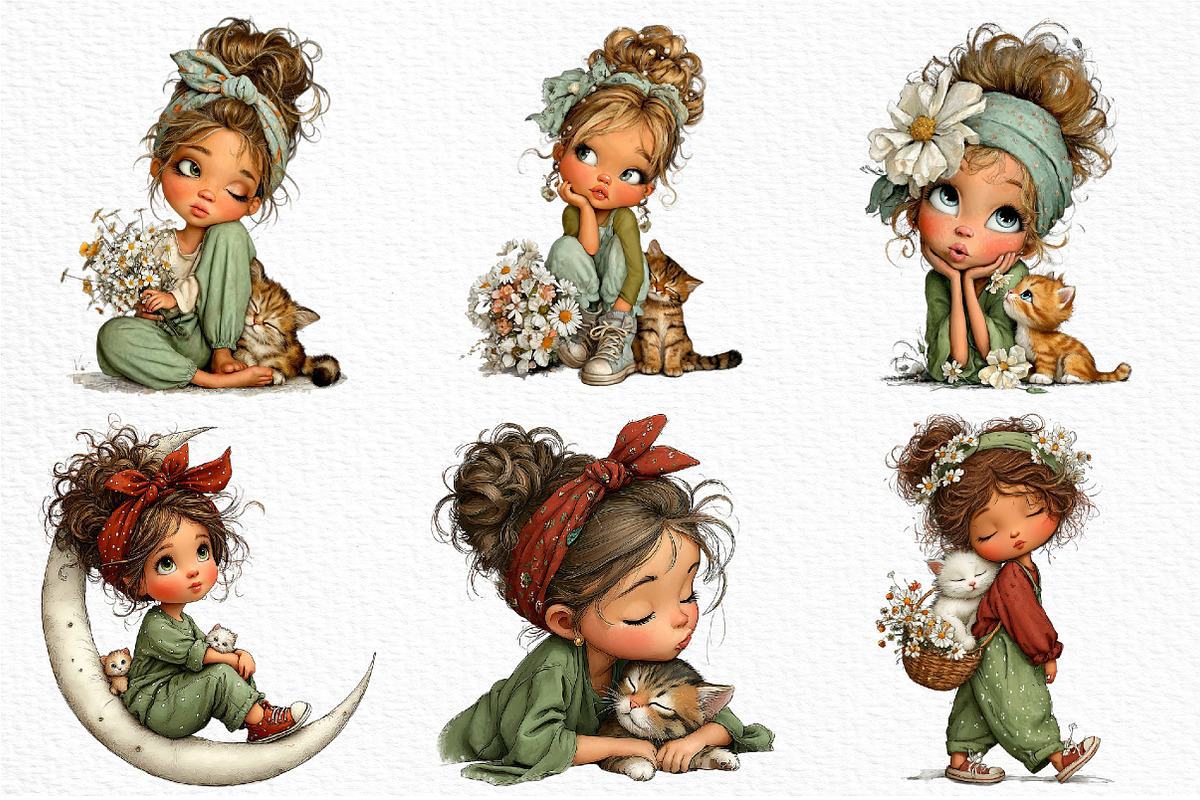 Whimsical Girl with Cat Clipart, a Seasonal Illustration by Craft Nest (Photo 4 of 6)