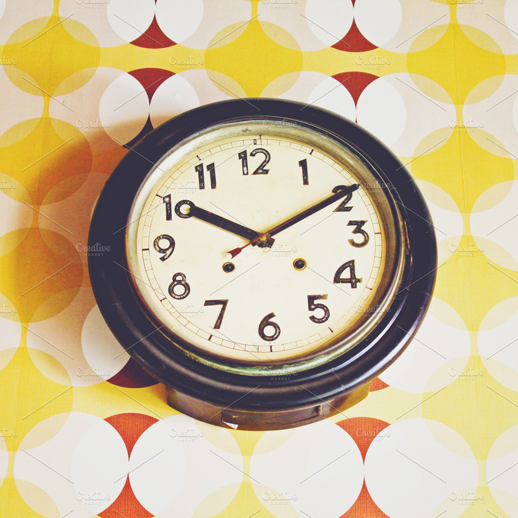 Vintage wall clock containing time, clock, and vintage