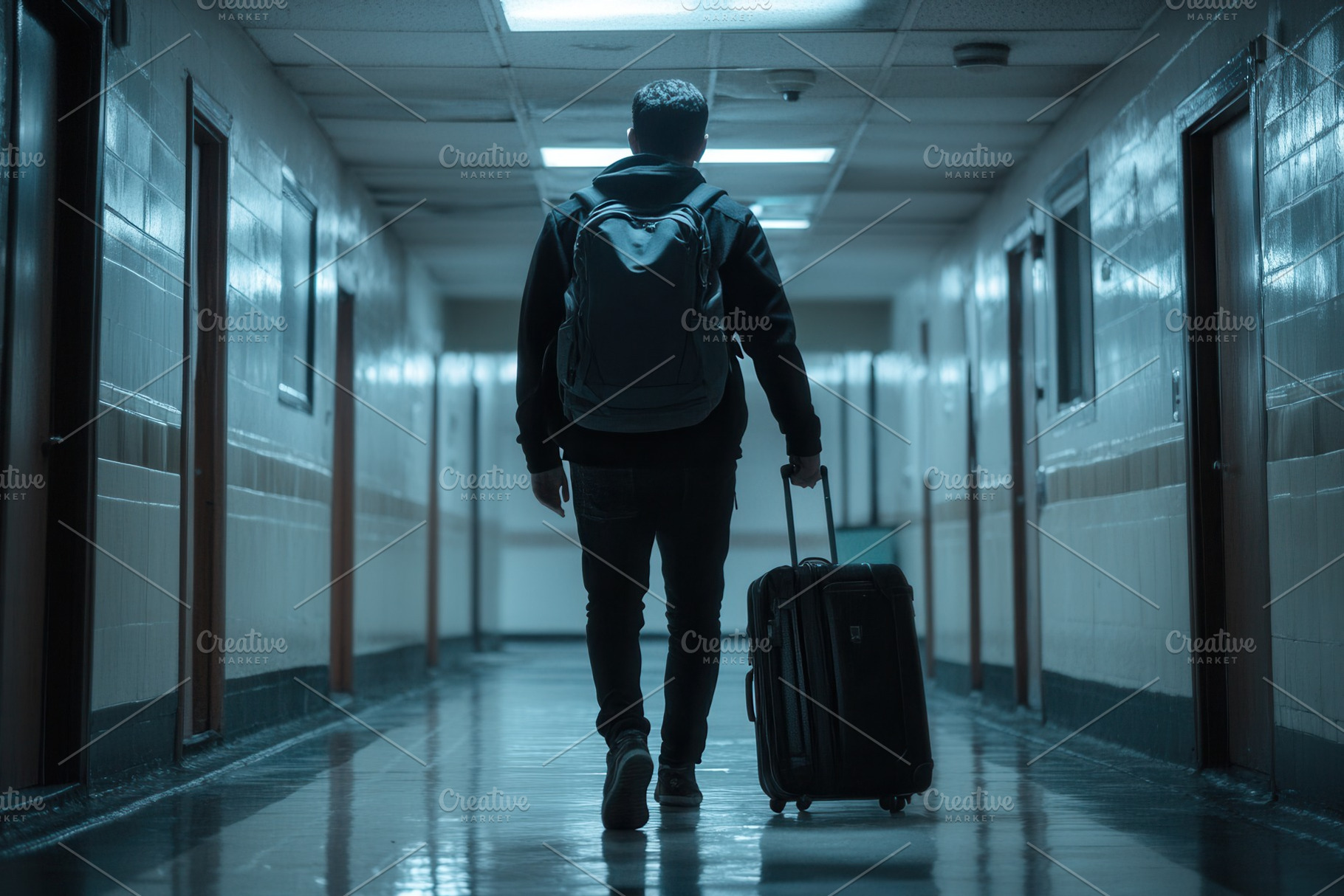 A man walks down a hallway, a Photo by Pavel_design