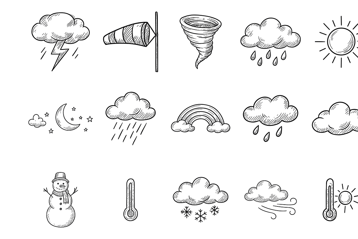 Weather Forecast Doodle Icon Set, an Object Graphic by nikagraphic
