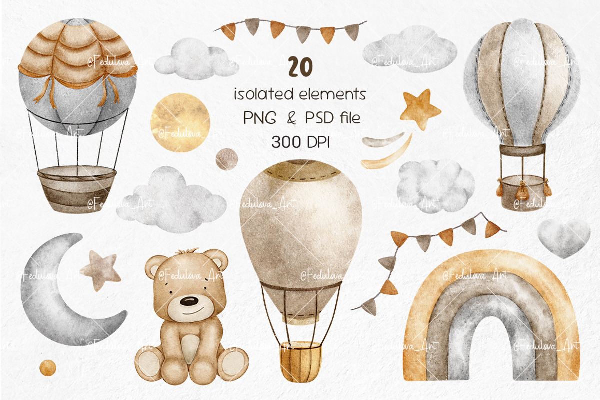 Hot Air Balloon watercolor clip art, a Decorative Illustration by Fedulova Art (Photo 2 of 16)