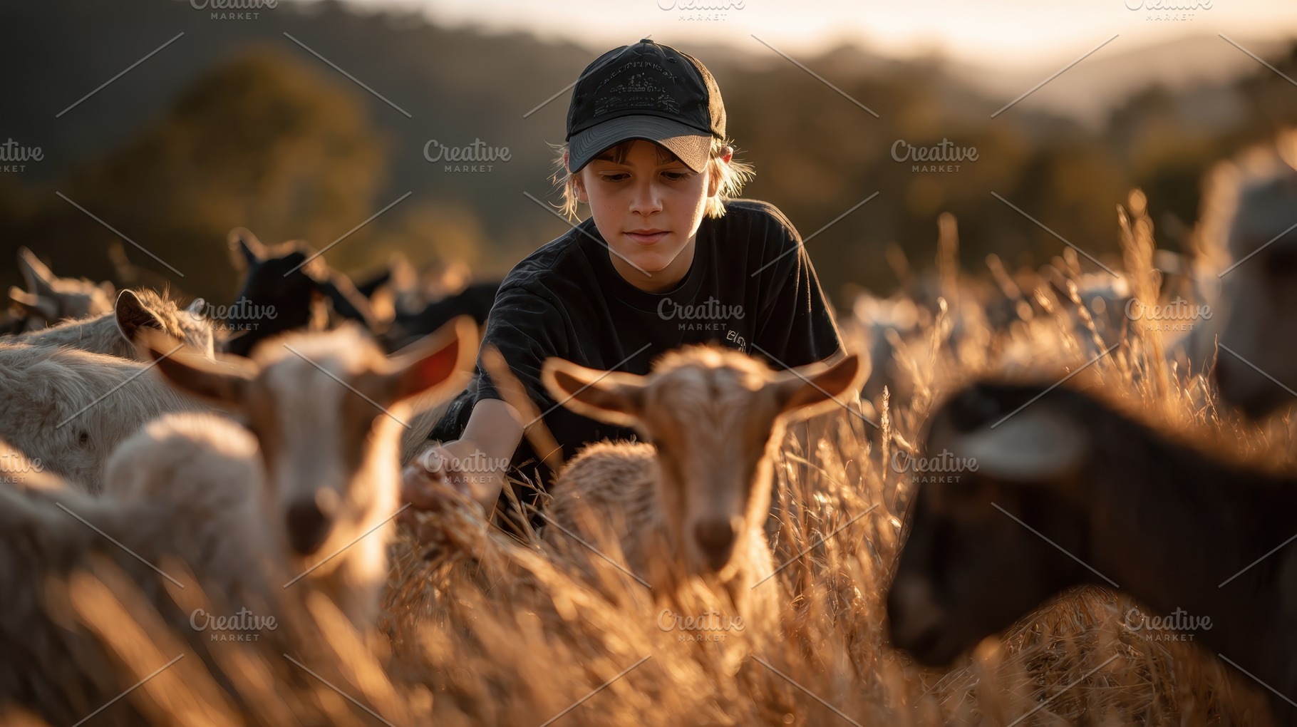 Boy tending goats at sunset golden l, a Photo by Pixeness Studio