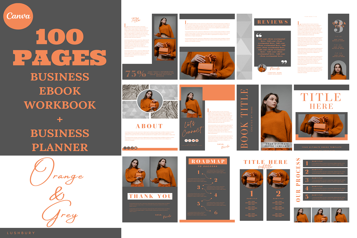 100 Orange Grey Ebook Template Canva, a Magazine Template by LushBury (Photo 1 of 5)
