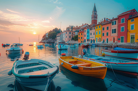 Sunset Over Colorful Marina in Piran Town with Boats and Buoys, a Photo by AS photostudio