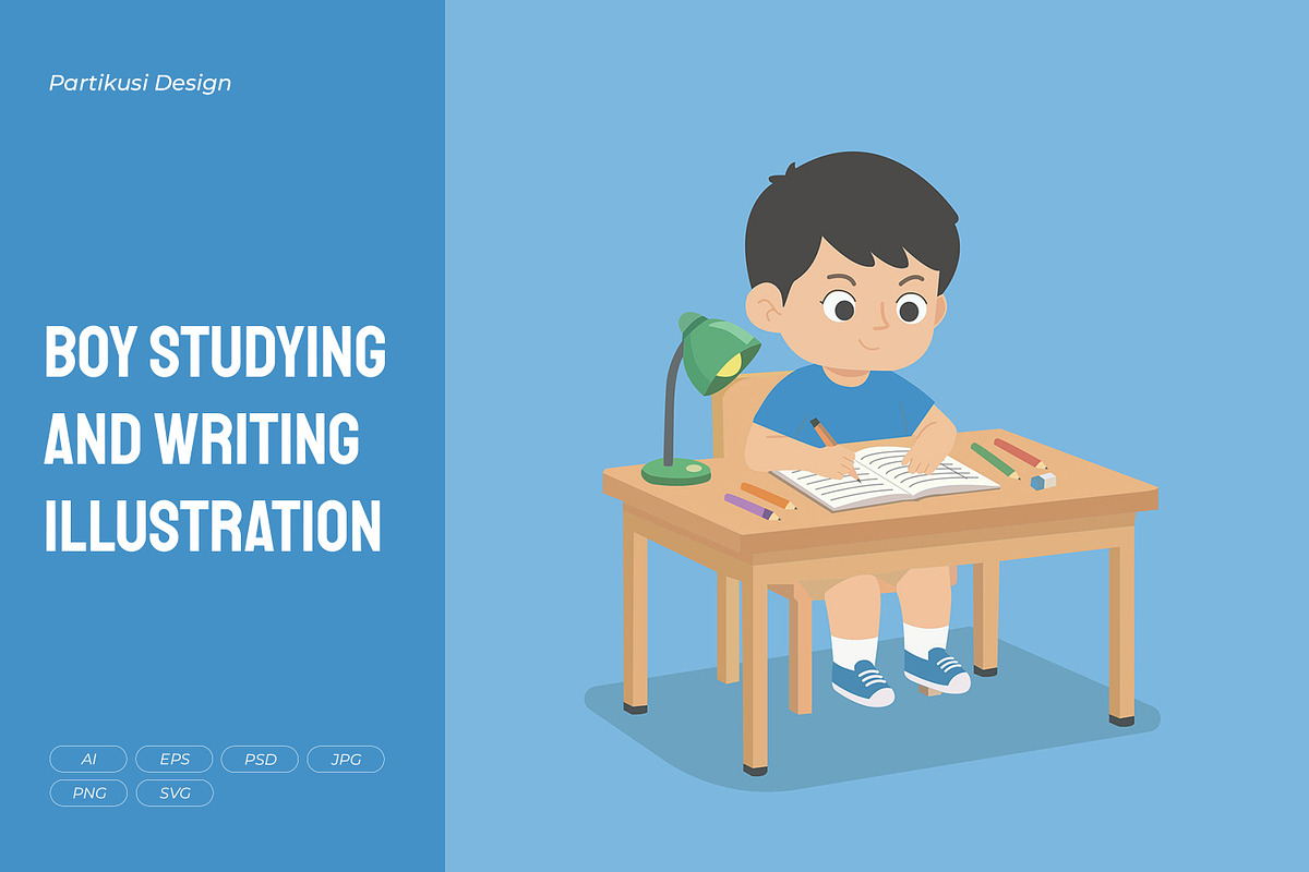 Boy Studying & Writing Illustration, a Person Illustration by Partikusi Design (Photo 1 of 3)