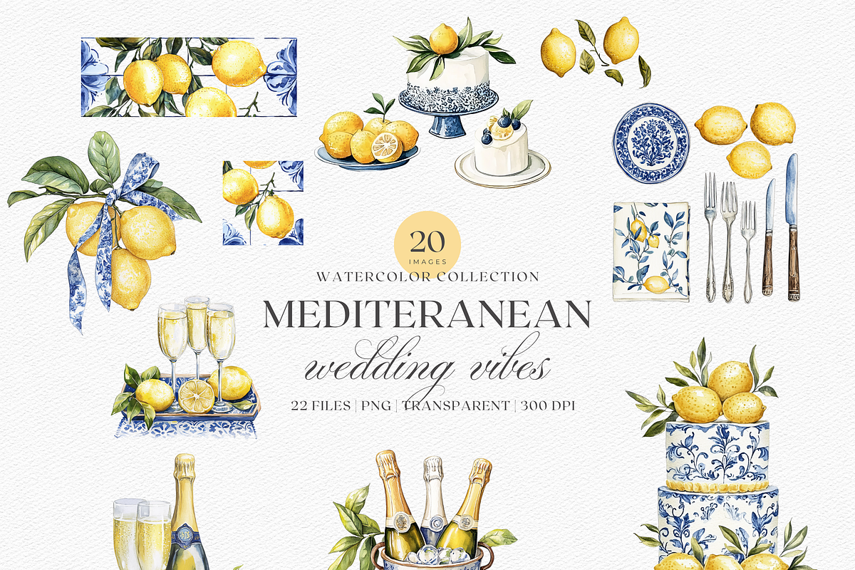 Watercolor Mediterranean Wedding Set, a Decorative Illustration by ThaismotaCreativeCo (Photo 1 of 5)