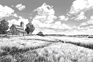 Farm landscape with a house and tree, a Photo by Pavel_design