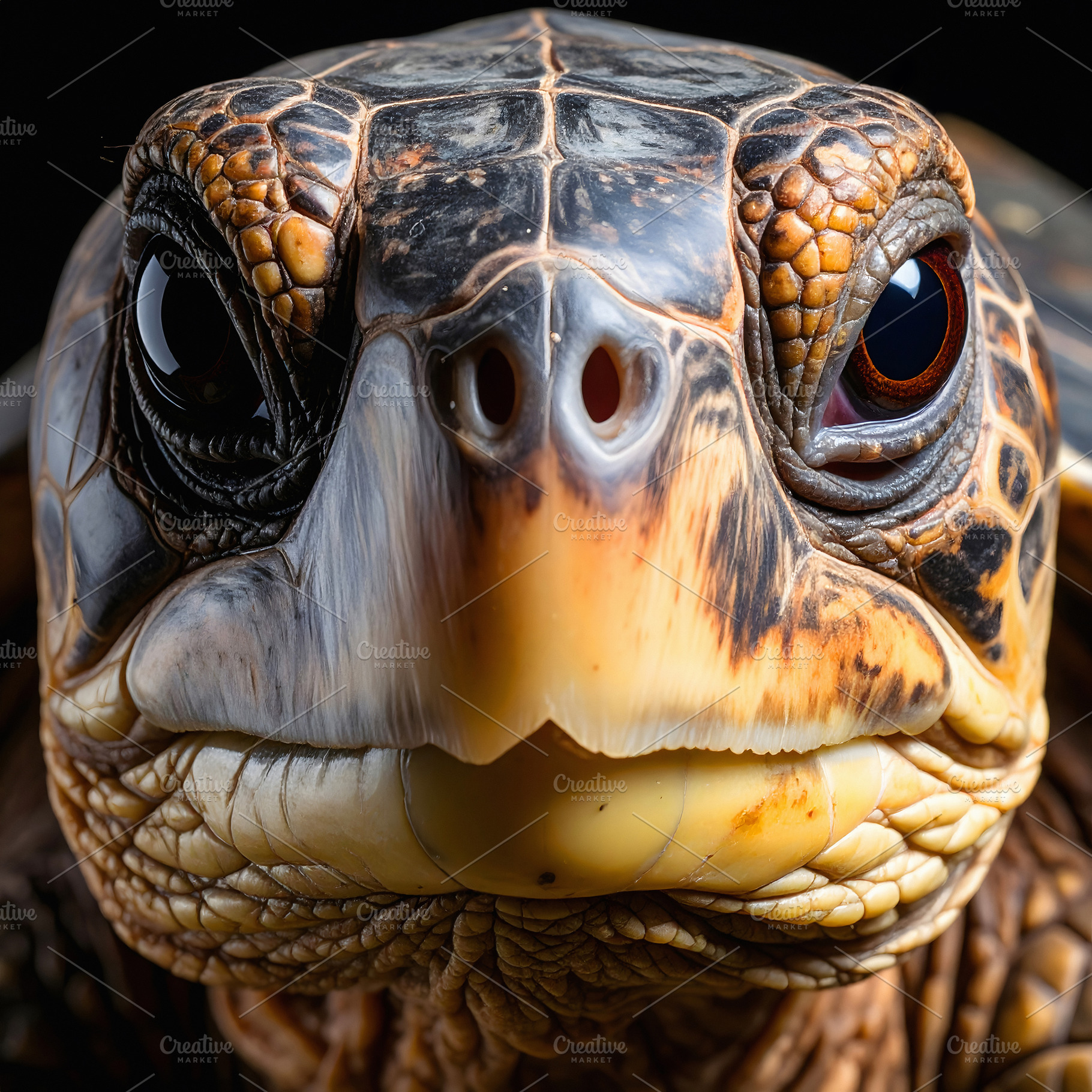 Sea turtle portrait with detailed shell patterns and big eyes, an Animal Photo by GoodGoods