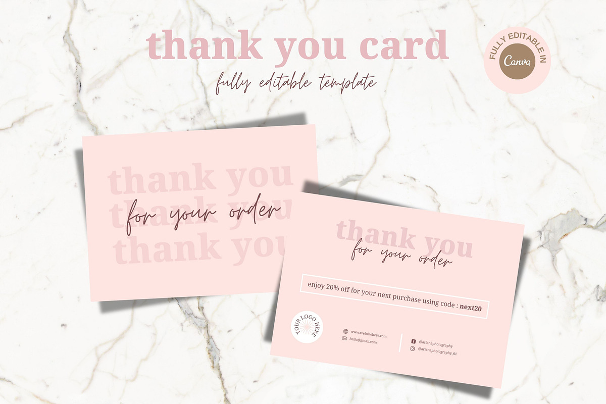 Soft Pink Thank You Card Templates, a Card Template by Hell Yeah Designs (Photo 1 of 5)