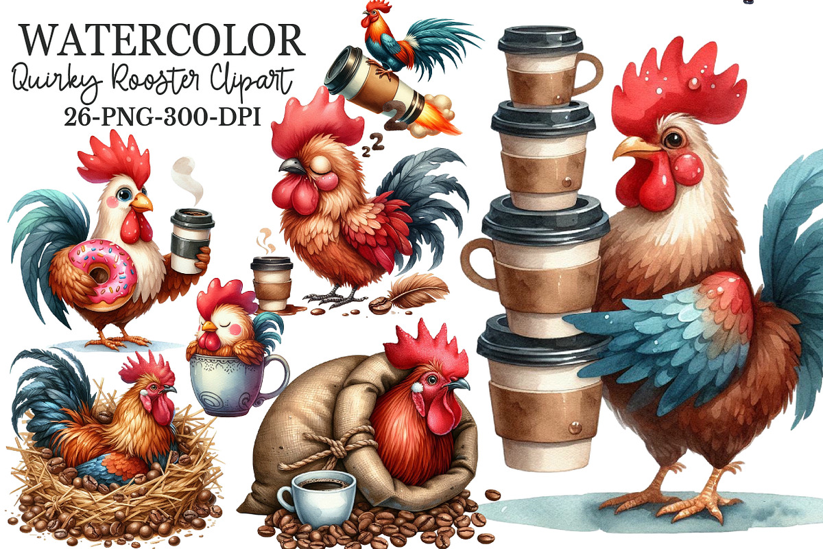 Quirky Rooster with Coffee Clipart, an Illustration by Rose Art (Photo 1 of 7)