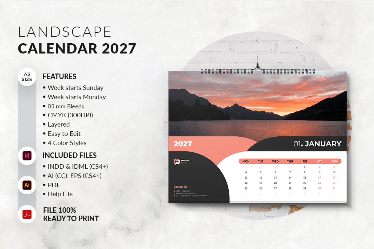 A3 Landscape Calendar 2027 Printable, a Stationery Template by MstArtwork (Photo 2 of 6)